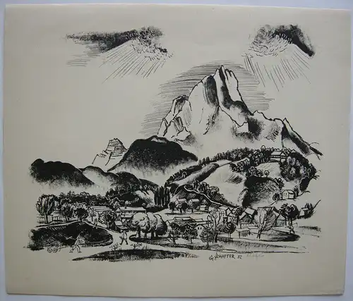 Gustav Schaffer (1818-1937) Dorf Lithografie 1932 signiert Künstlergr Chemnitz