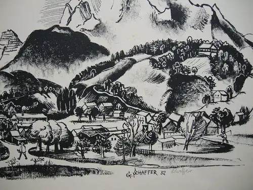 Gustav Schaffer (1818-1937) Dorf Lithografie 1932 signiert Künstlergr Chemnitz