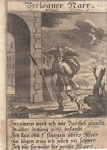 Verlogener Narr Lügner Orig Kupferstich Abraham a Sancta Clara 1709