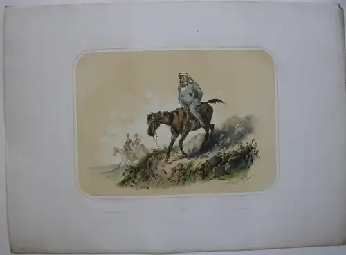 Nicht sattelfester Reiter kolor Orig Lithografie Tony Strassgschwandtner 1860