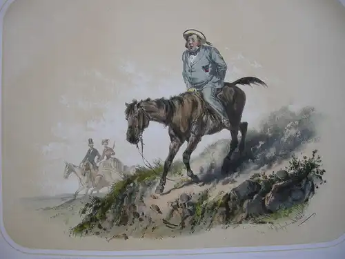 Nicht sattelfester Reiter kolor Orig Lithografie Tony Strassgschwandtner 1860