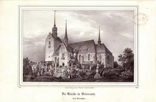 Kirche Briessnitz Sachsen Dresden  Kreidelithographie von C. Müller n Arldt 1840