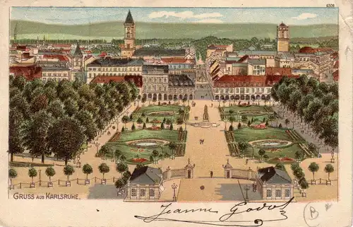 AK  Karlsruhe Panorama Schlosspark Litho Baden Württemberg gel 1903