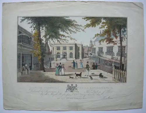 View of Tunbridge Wells Kent Baths Library Orig Lithografie 1827 England