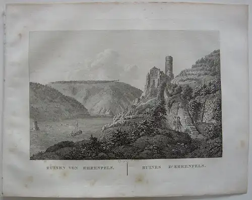 Ruinen von Ehrenfels Rhein Orig Kupferstich J. Roux 1822 Hessen