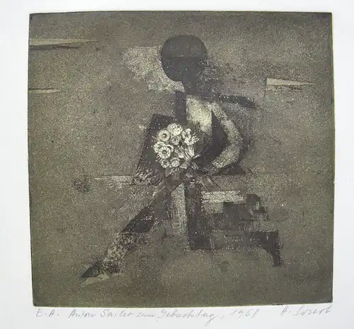 Heribert Losert Figur mit Blumenstrauß Orig Radierung  signiert 1968 Widmung