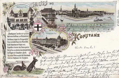 Ak Konstanz Bodensee Oberpostdirektion Rathaus Insel Hotel Litho gel 1898