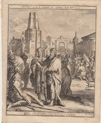 Hl. Paul heilt einen Krüppel in Lystren Actor Bibel Orig Kupferstich 1710