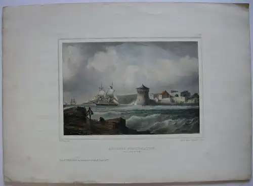 Befestigungsanlage am Meer Orig Farblithografie Ferd. Perret 1850 France