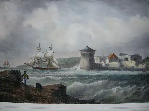 Befestigungsanlage am Meer Orig Farblithografie Ferd. Perret 1850 France