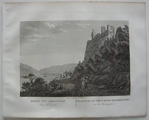 Ruinen Rheinstein Bingen  Rhein Orig Kupferstich J. Roux 1822 Rheinland-Pfalz