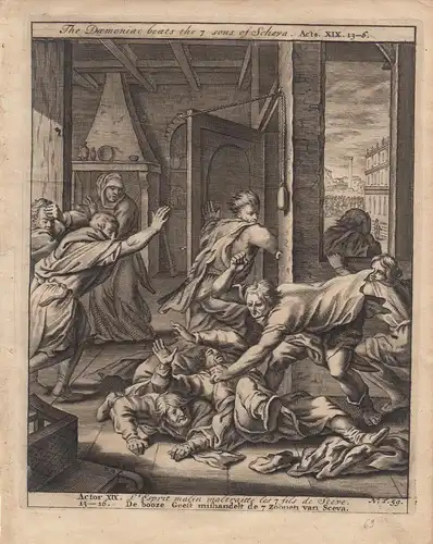 Dämon schlägt sieben Söhne von Scheva Actor Bibel Orig Kupferstich 1710