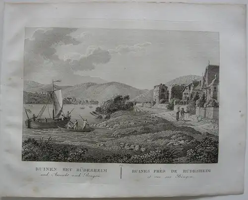 Ruinen bei Rüdesheim Bingen Rhein Orig Kupferstich J. Roux 1822 Hessen