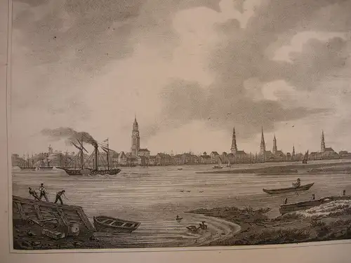 Hamburg Gesamtansicht Hafen Fregatten Orig Lithografie 1850