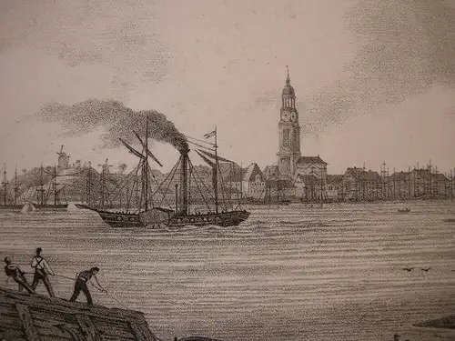 Hamburg Gesamtansicht Hafen Fregatten Orig Lithografie 1850
