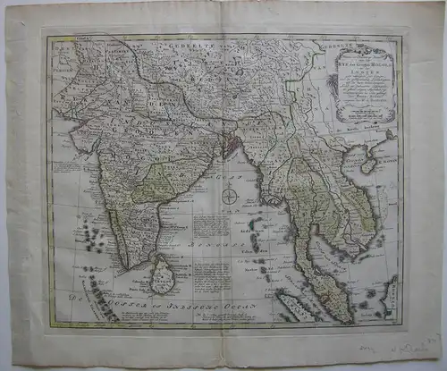 Reich Großer Mogul Indien Indonesien kolor Orig Kupferstichkarte 1780 Bowen