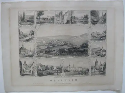 Weinheim Sammelblatt Ansicht 13 Detailanischten Orig Stahlstich Poppel 1840