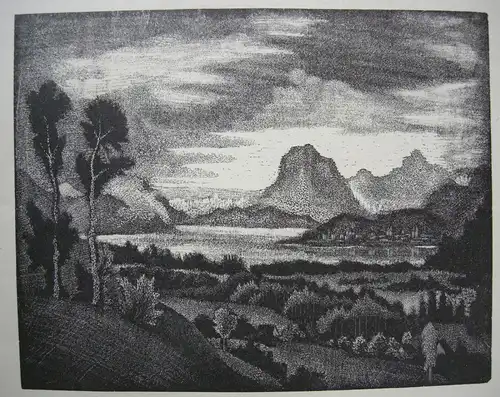 Franz E. Hecht Bodensee Blick auf Bregenz  Orig. Holzschnitt 1910