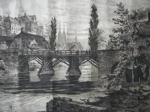 Universität Marburg Lahn-Brücke Orig Radierung B Mannfeld 1900 (45,5 x 70 cm!)