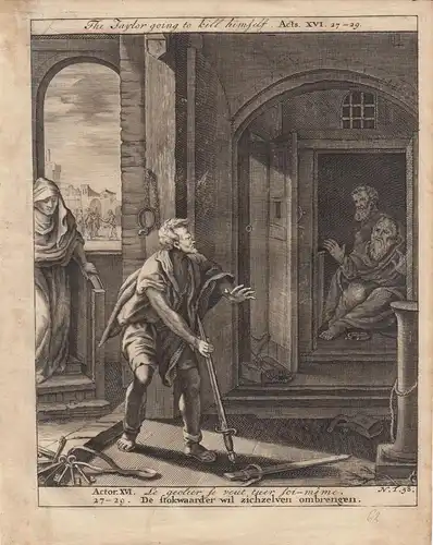 Selbstmord des Gefängniswärters Actor Bibel Orig Kupferstich 1710