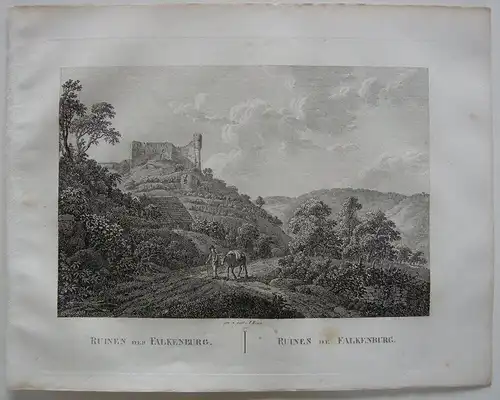 Ruinen der Falkenburg Rhein Orig Kupferstich J. Roux 1822 Rheinland-Pfalz