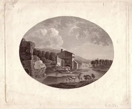 Kühe an der Tränke in Ideallandschaft Ruinen Monogr H. D. 1824 Kupferstich
