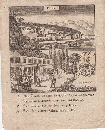 Koroni Messinien Griechenland Greece Orig. Kupferstich 1830 Allegorie Wappen