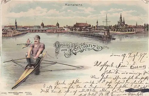 Ak Konstanz Bodensee Gesamtansicht Ruderer Hafen Litho gel 1897
