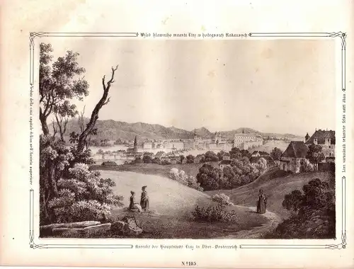Linz Gesamtansicht Österreich getönte Orig Lithografie 1840 Oberösterrreich