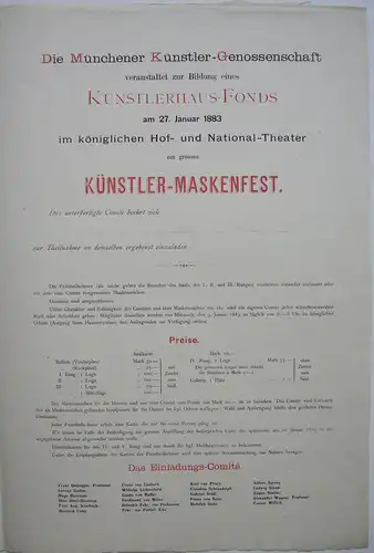 Friedrich A. Kaulbach (1850-1920) Einladung Künstler-Maskenfest Lithografie 1882