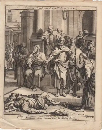 Petrus straft Ananias mit dem Tod Actor Bibel Orig Kupferstich 1710