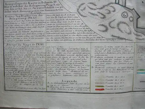 Böhmen Belagerung Prag 1742 Erbfolgekrieg Orig. Kupferstichkarte Homann 1743