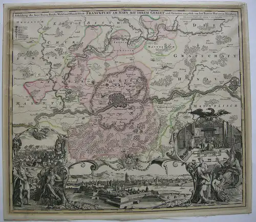 Frankfurt Main Umgebung Panoramaansicht kolor Orig Kupferstichkarte Homann 1724