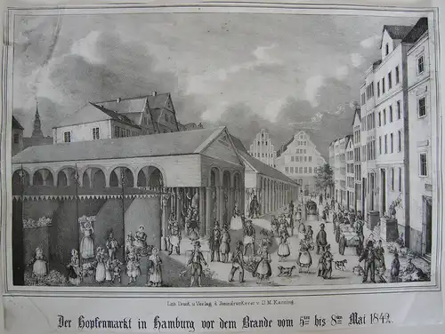 Hamburg Hopfenmarkt vor dem Brande 1842 Orig Lithografie 1850