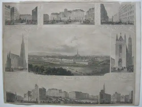 Wien Souvenirblatt Orig Stahlstich Reschka 1857 Gesamtansicht  8 Randansichten