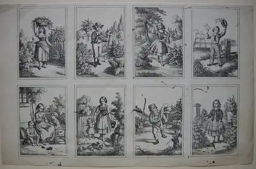 8 Kinderszenen auf einem Blatt Orig. Lithografien um 1840 Biedermeier