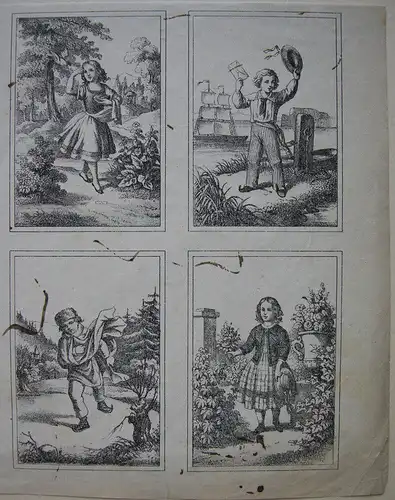 8 Kinderszenen auf einem Blatt Orig. Lithografien um 1840 Biedermeier