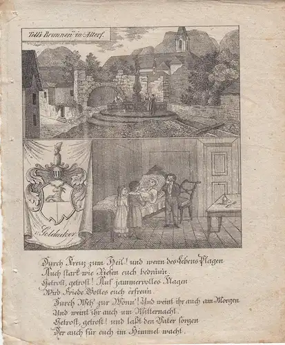 Altdorf Uri Schweiz Tell's Brunnen Orig. Lithografie Walde 1830