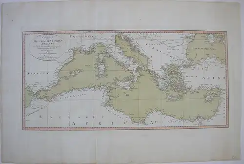 Mittelmeer Italia Griechenland altkolor Kupferstichkarte 1799 Sternwarte Seeberg
