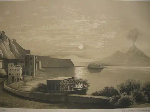 Bei Neapel Bucht Vesuv im Mondschein Italien Italia Orig Lithografie 1850 Napoli