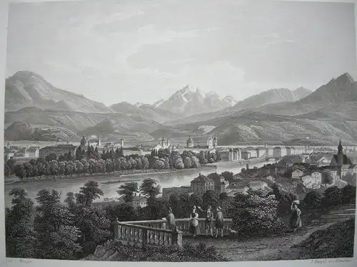 Innsbruck gegen Süden Tirol Österreich Orig. Aquatinta-Radierung 1840