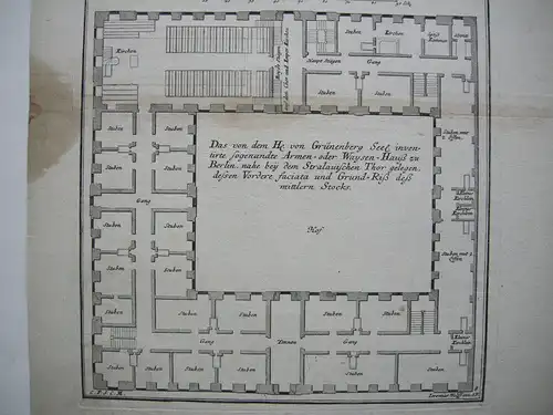 Armen- u. Waisenhaus Berlin von Grünenberg Orig Kupferstich J. Wolff 1720
