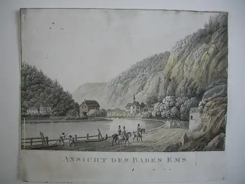 Bad Ems Ansicht Rheinland Pfalz kolor Orig Umriss-Radierung um 1820