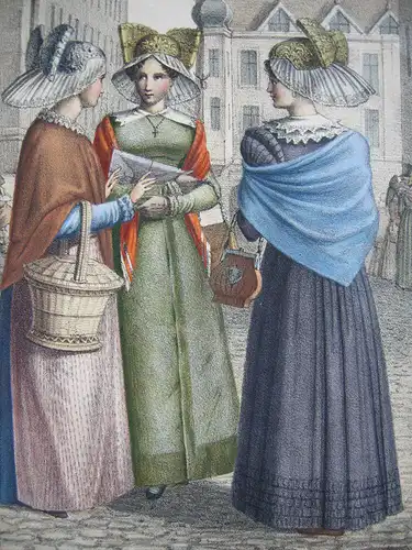 Bürgerfrauen von Augsburg Kostüme Orig Farblithografie 1830