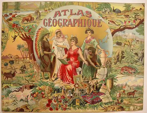 Spielplan Atlas Geographique Titel Orig Chromolithografie 1890 neuwertig