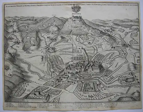 Hechingen Hohenzollern Vogelschau-Ansicht Orig. Kupferstich Merian 1650 Alb