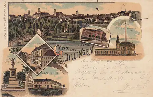 Ak Dillingen Schwaben Totale Gymnasium Knabenseminar Wasserwerk Litho gel 1901