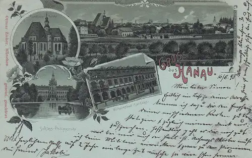 AK Hanau Mondscheinkarte Ansicht Wilhelmsbad Kurhaus Hessen gel 1898