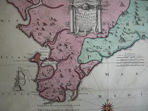 Cádiz Gibraltar España kolor Orig Kupferstichkarte Mapa 1740 Spanien