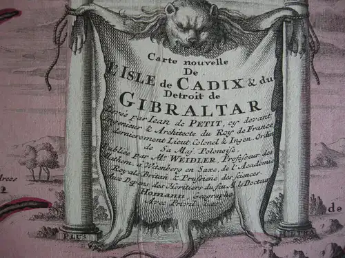 Cádiz Gibraltar España kolor Orig Kupferstichkarte Mapa 1740 Spanien